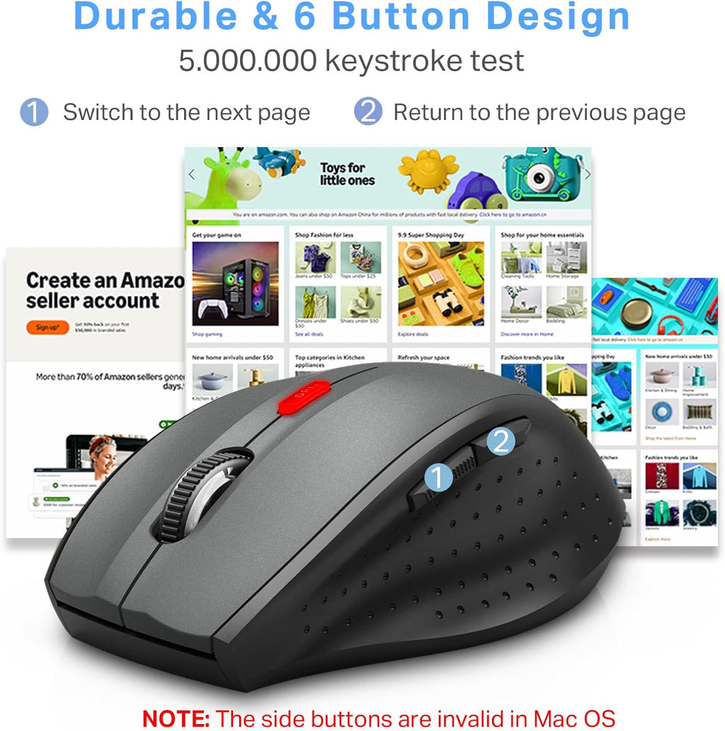 Wireless Mouse for Laptop, Portable Optical Computer Mouse, 6 Buttons, Cordless 2.4Ghz with USB Receiver, 5-Level 4800 DPI, 18 Months Battery Life for PC Chromebook Windows Mac