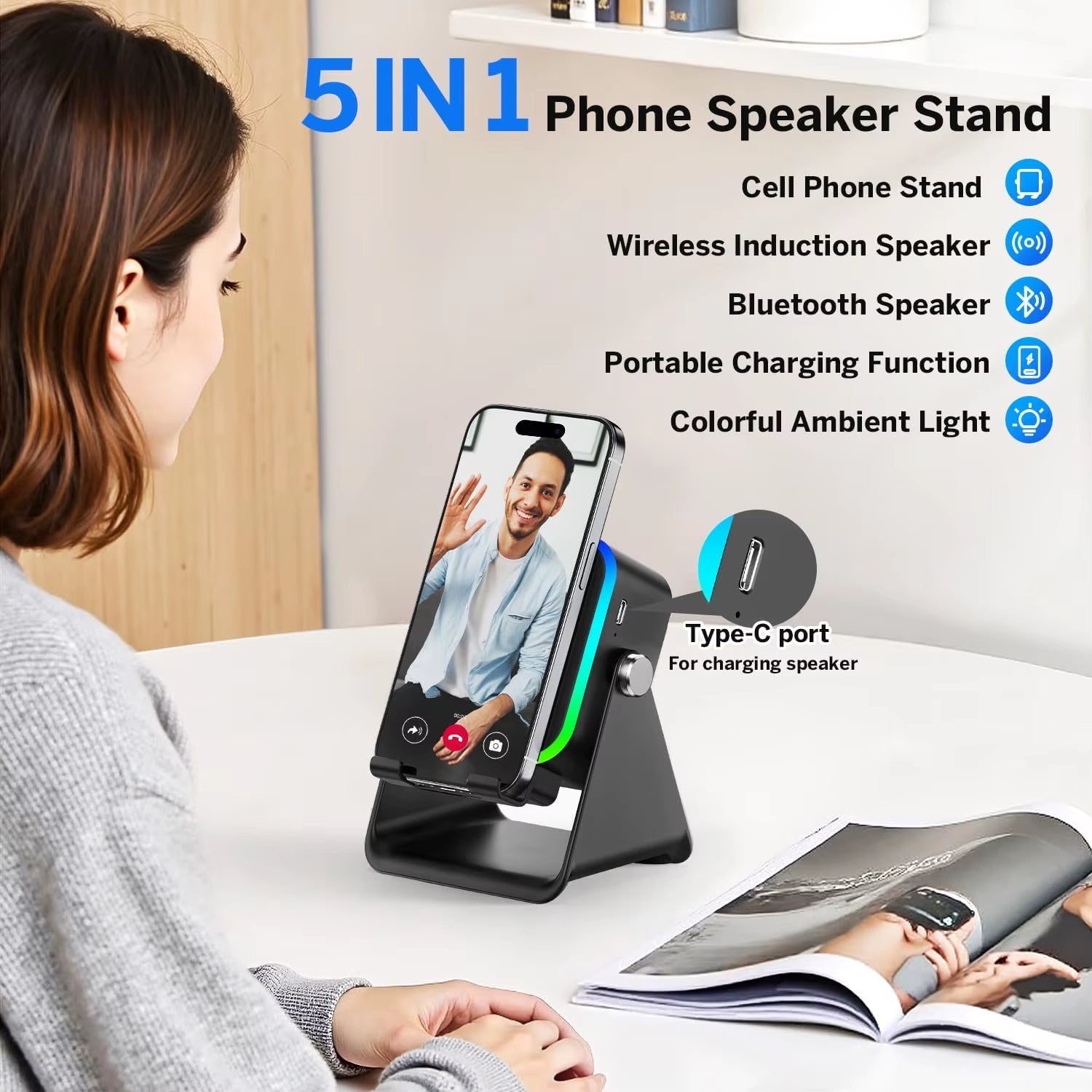 5 in 1 Auto-Induction Wireless Induction Speaker 8 Mode RGB Lights HIFI Sound Portable Bluetooth Phone Holder Christmas Gifts