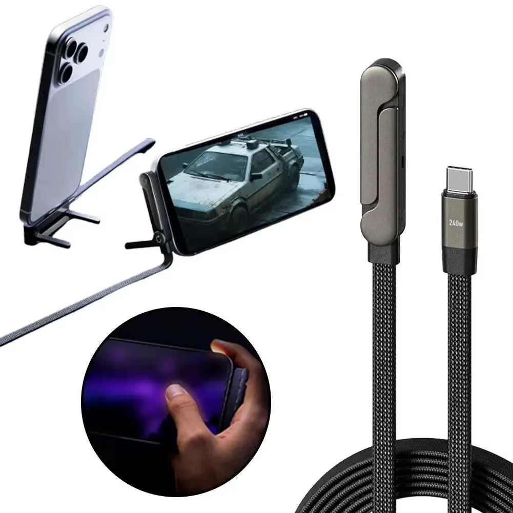 240W Type-C to Type C Cable Elbow Fast Charging Data Cable Foldable Stand Phone Holder for Iphone 17/16/15 for Samsung Charger